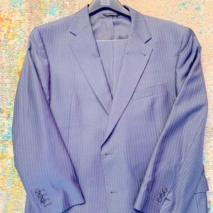 46 Reg, Traditional Cut, Blue Pinstripe, pleated front pants and single vent.